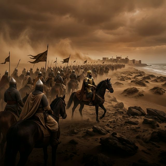 A wide dramatic historical scene of an 8th-century Umayyad army led by Muhammad bin Qasim invading the coastal region of Sindh, India. cavalry, desert dust, traditional armor, a looming threat