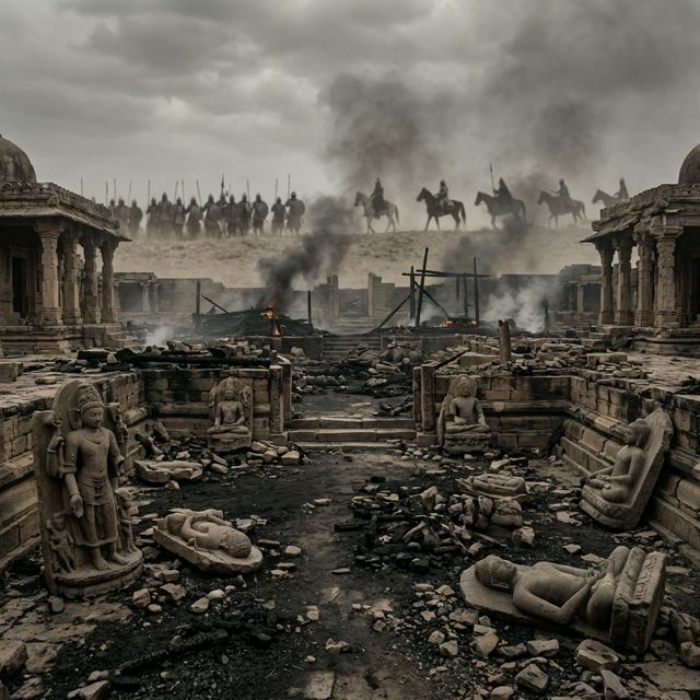 A somber, wide dramatic historical scene showing the aftermath of a destroyed ancient Indian temple